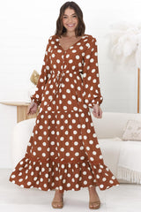 Beverly Maxi Dress - A-Line Dress with Rick Rack Splicing in Pippi Print Brown