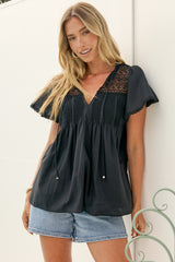 Bialah Top - V Neck Crochet Lace Yoke Flutter Sleeve Top in Black