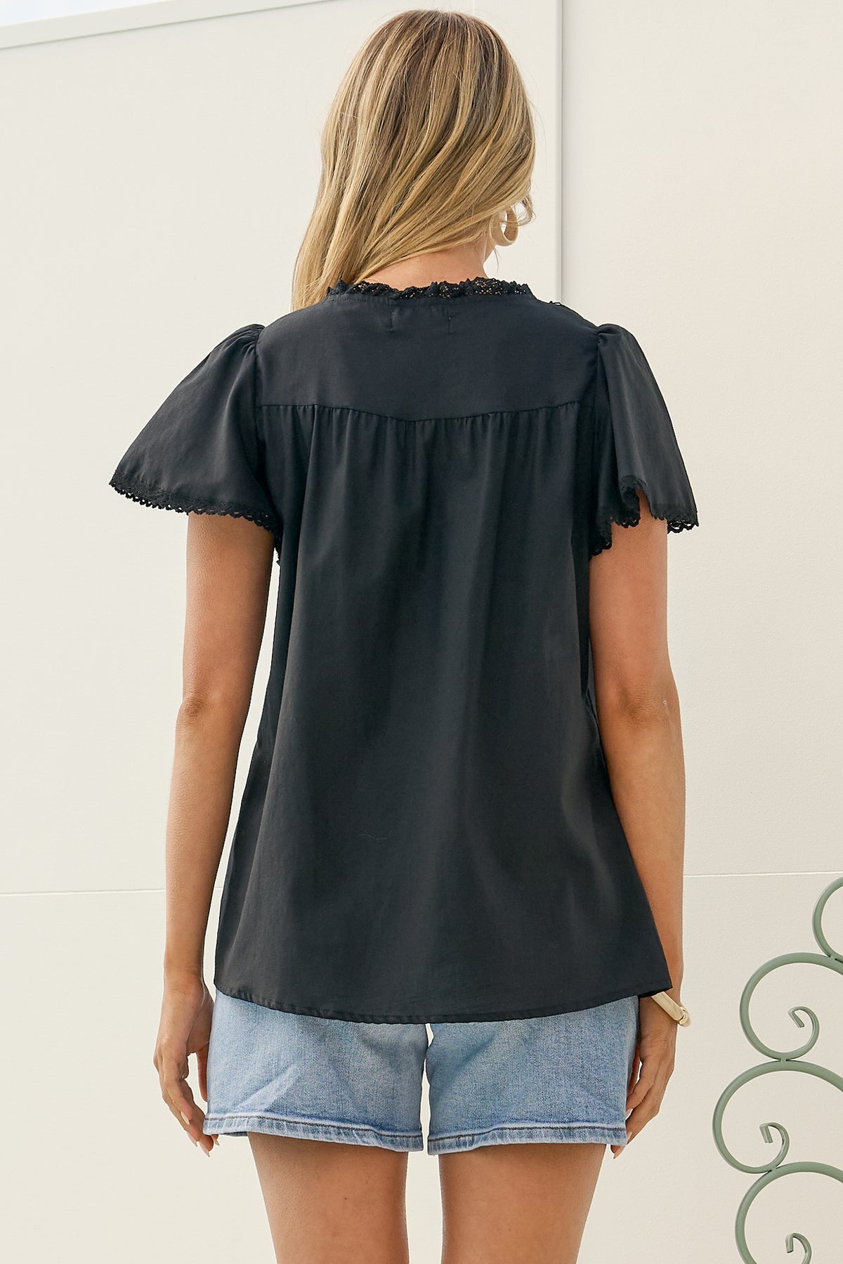 Bialah Top - V Neck Crochet Lace Yoke Flutter Sleeve Top in Black