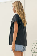 Bialah Top - V Neck Crochet Lace Yoke Flutter Sleeve Top in Black