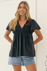 Bialah Top - V Neck Crochet Lace Yoke Flutter Sleeve Top in Black