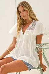 Bialah Top - V Neck Crochet Lace Yoke Flutter Sleeve Top in White