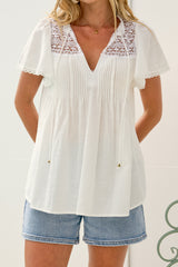 Bialah Top - V Neck Crochet Lace Yoke Flutter Sleeve Top in White