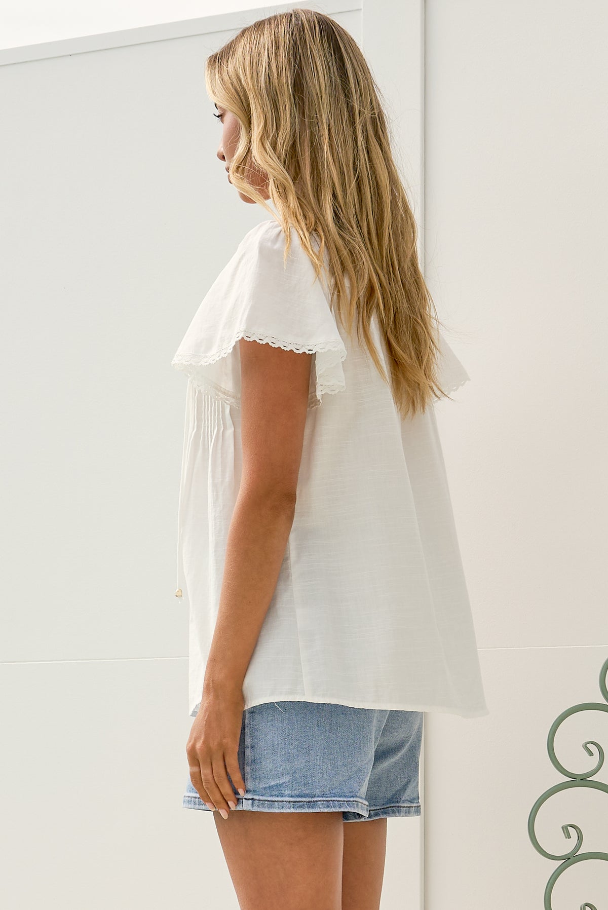 Bialah Top - V Neck Crochet Lace Yoke Flutter Sleeve Top in White