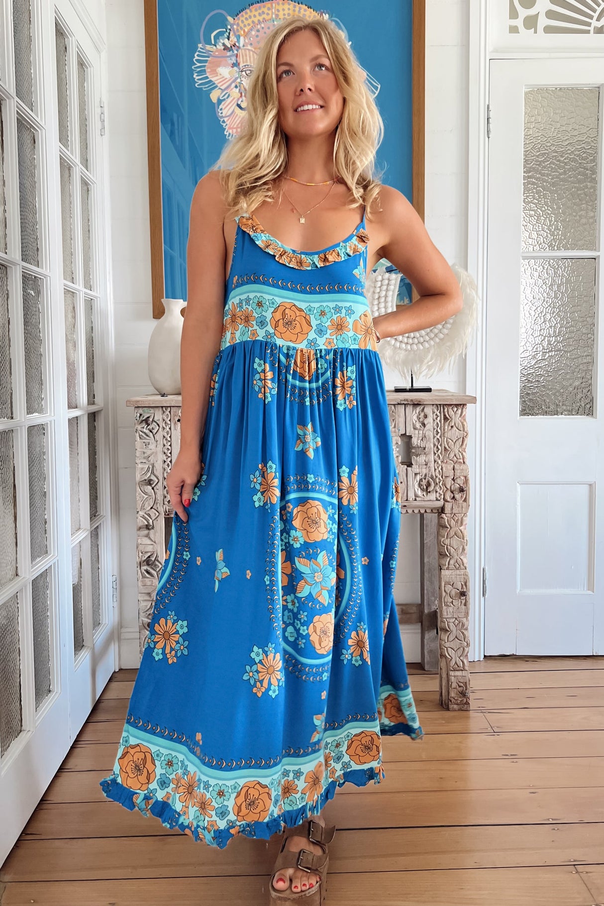 JAASE - Bibi Maxi Dress: Scoop Neck Adjustable Strap Sun Dress in Riviera Print