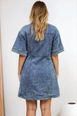 Bigsby Denim Mini Dress - Collared Button Down Short Sleeve Dress in Mid Wash Denim