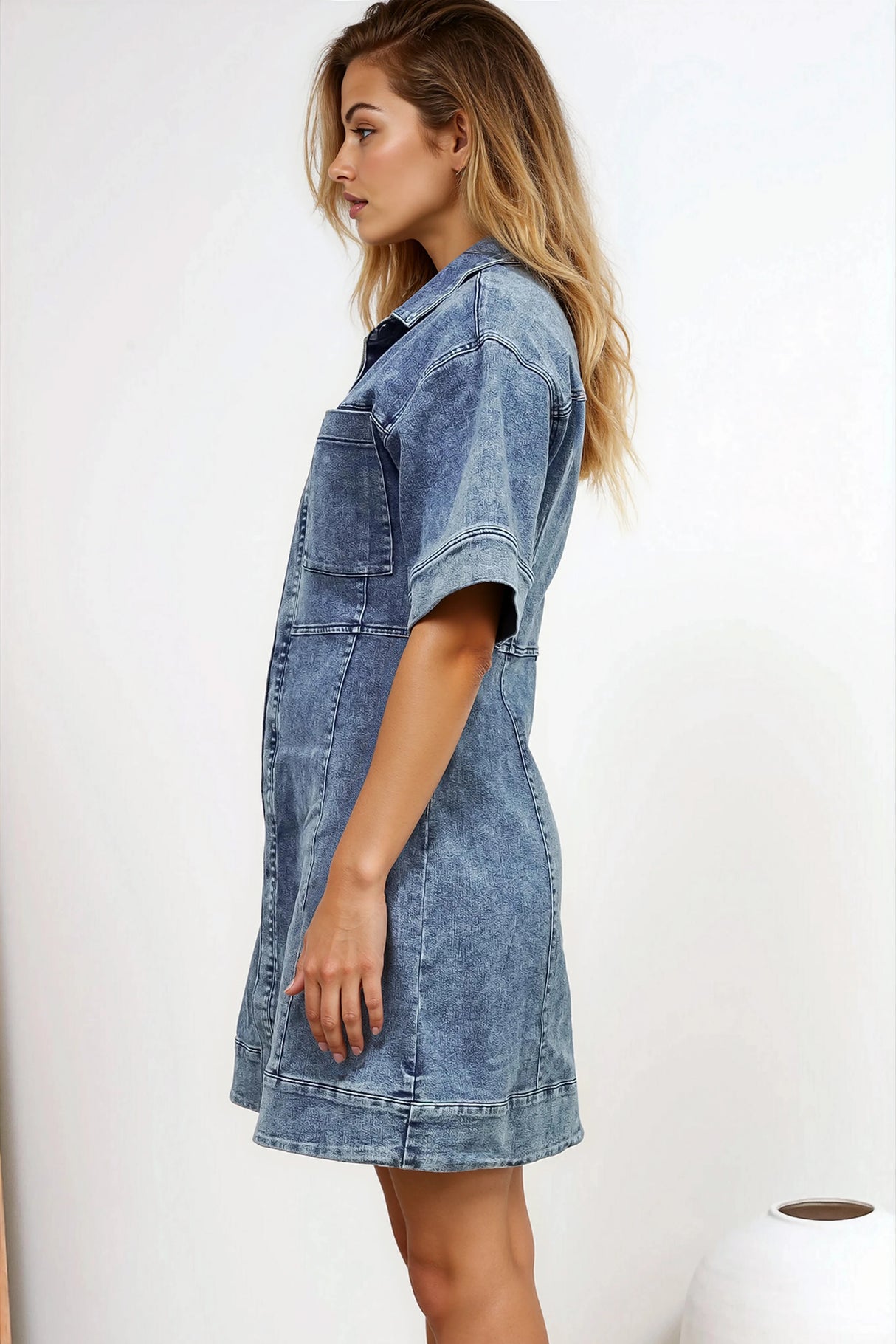 Bigsby Denim Mini Dress - Collared Button Down Short Sleeve Dress in Mid Wash Denim