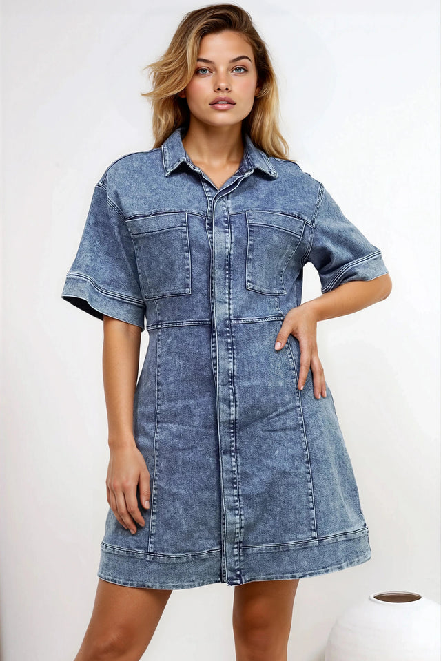 Model wearing Bigsby Denim Mini Dress in Mid Wash Denim from Salty Crush