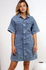 Bigsby Denim Mini Dress - Collared Button Down Short Sleeve Dress in Mid Wash Denim