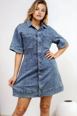 Bigsby Denim Mini Dress - Collared Button Down Short Sleeve Dress in Mid Wash Denim