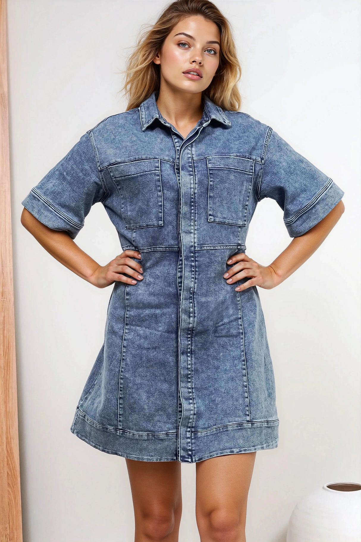Bigsby Denim Mini Dress - Collared Button Down Short Sleeve Dress in Mid Wash Denim