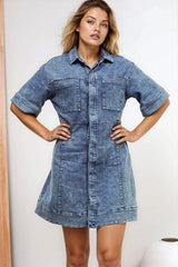 Bigsby Denim Mini Dress - Collared Button Down Short Sleeve Dress in Mid Wash Denim