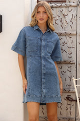 Bigsby Denim Mini Dress - Collared Button Down Short Sleeve Dress in Mid Wash Denim