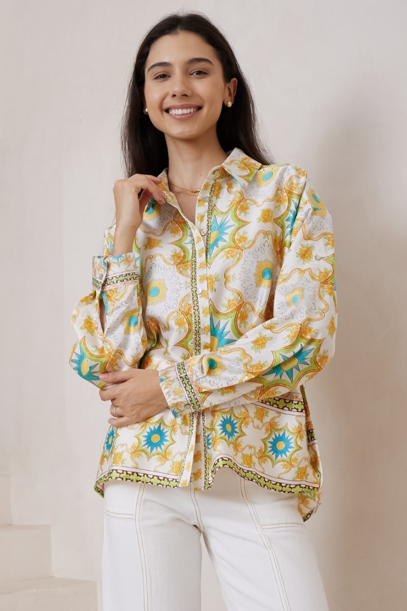 Billi Shirt  - Long Sleeve Button Down in Carmel Print