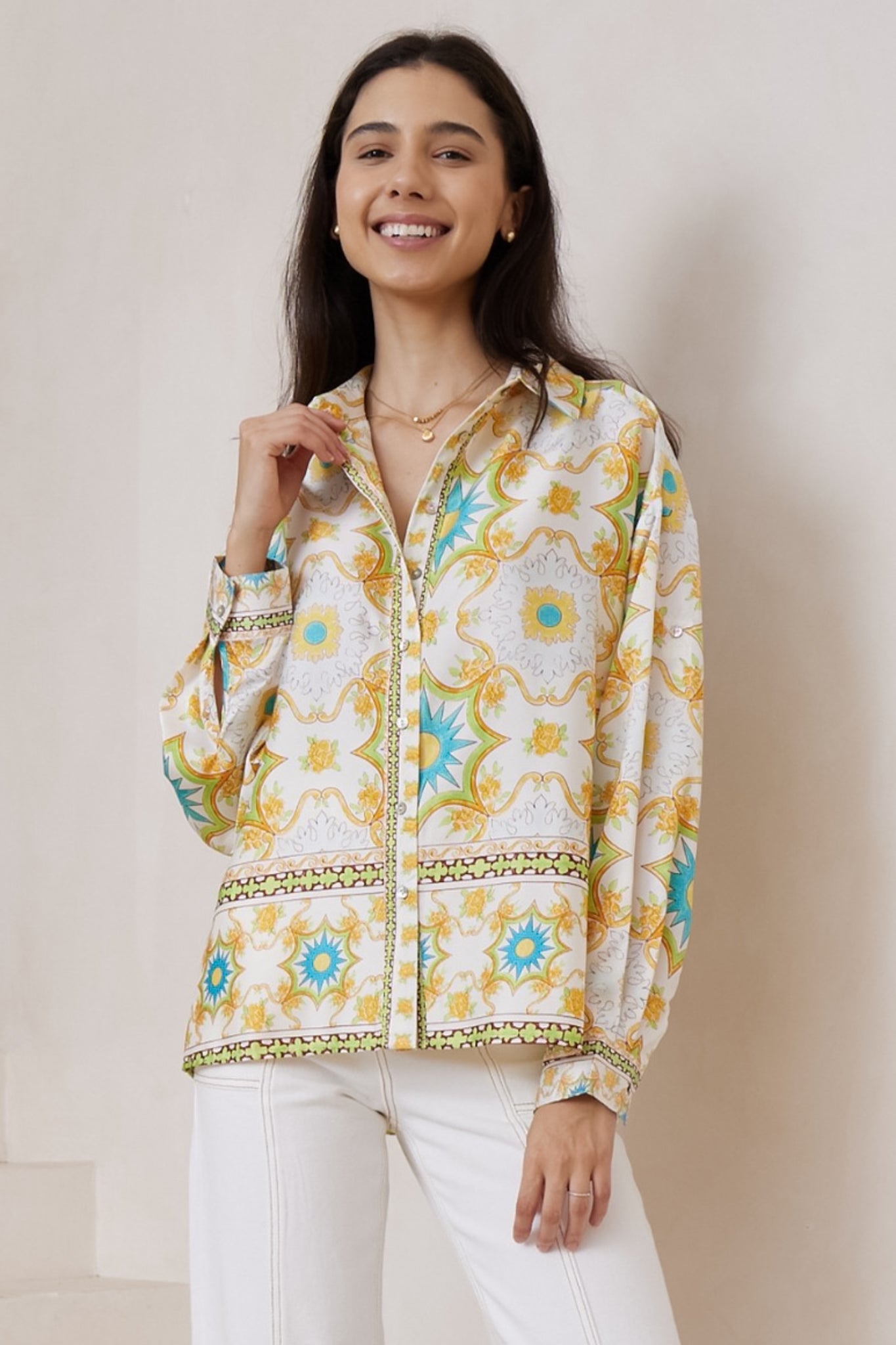 Billi Shirt  - Long Sleeve Button Down in Carmel Print