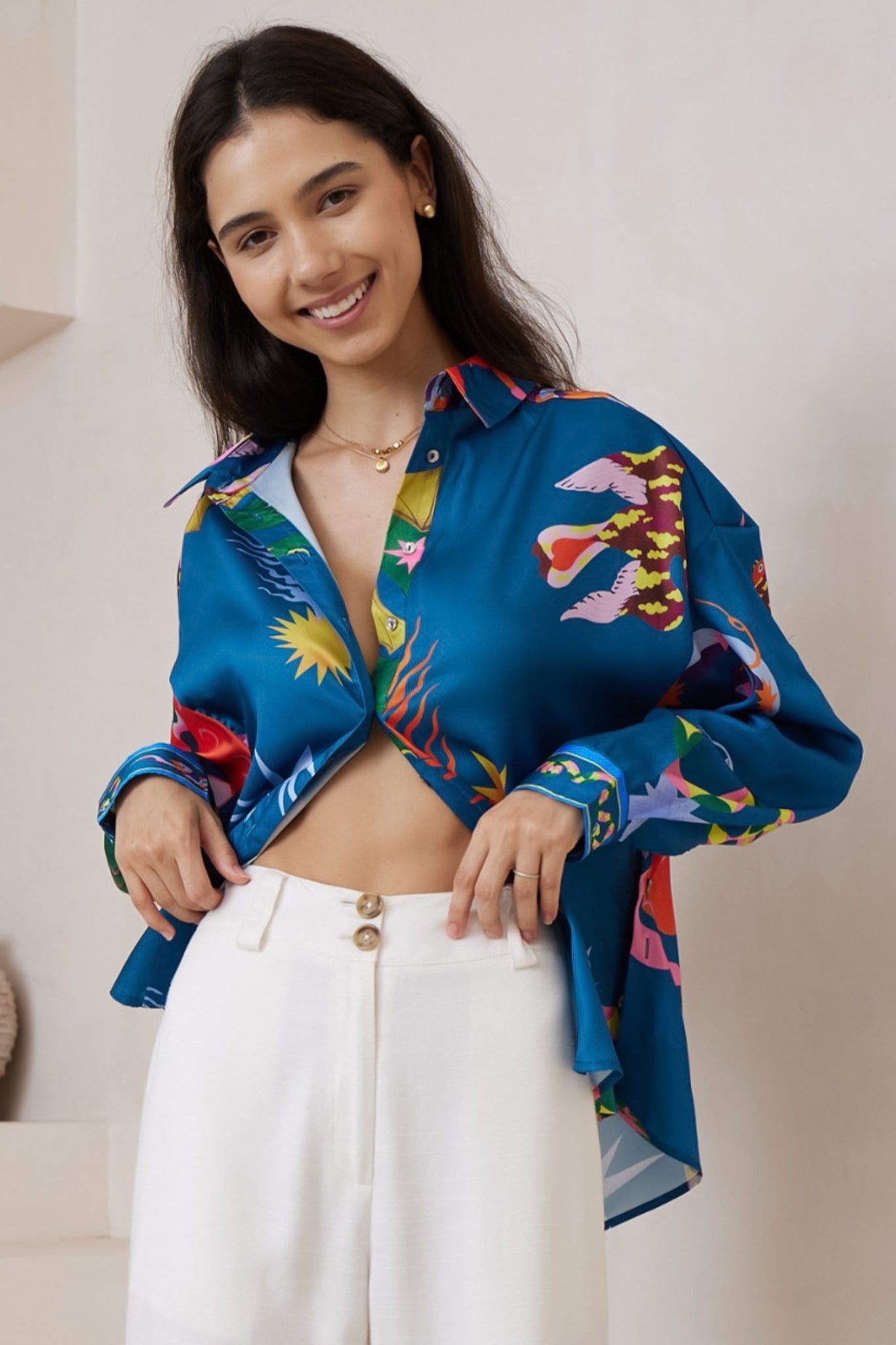 Billi Shirt  - Long Sleeve Button Down in Leanne Print Blue