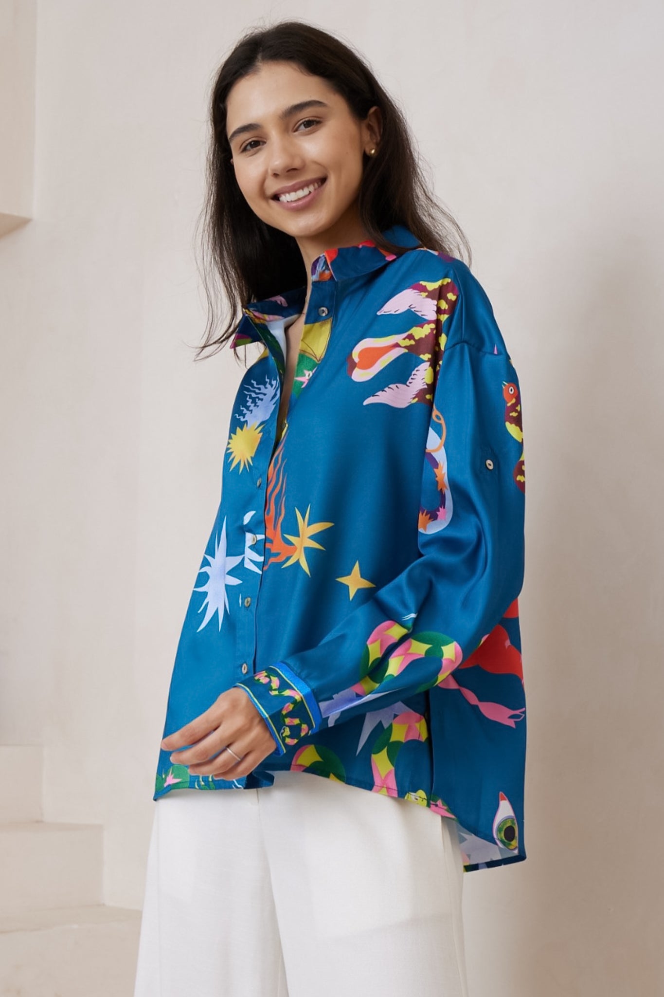 Billi Shirt  - Long Sleeve Button Down in Leanne Print Blue