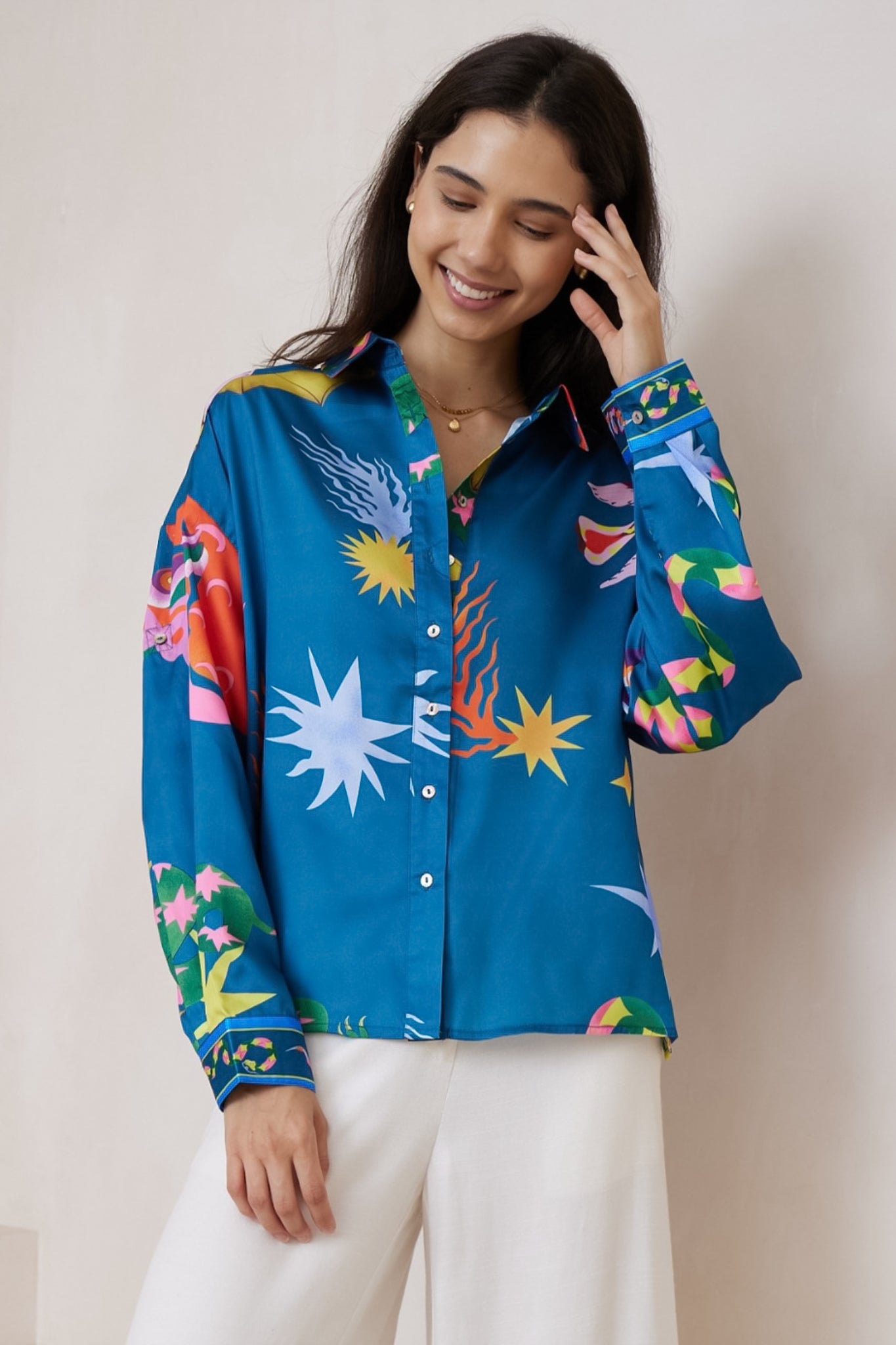 Billi Shirt  - Long Sleeve Button Down in Leanne Print Blue