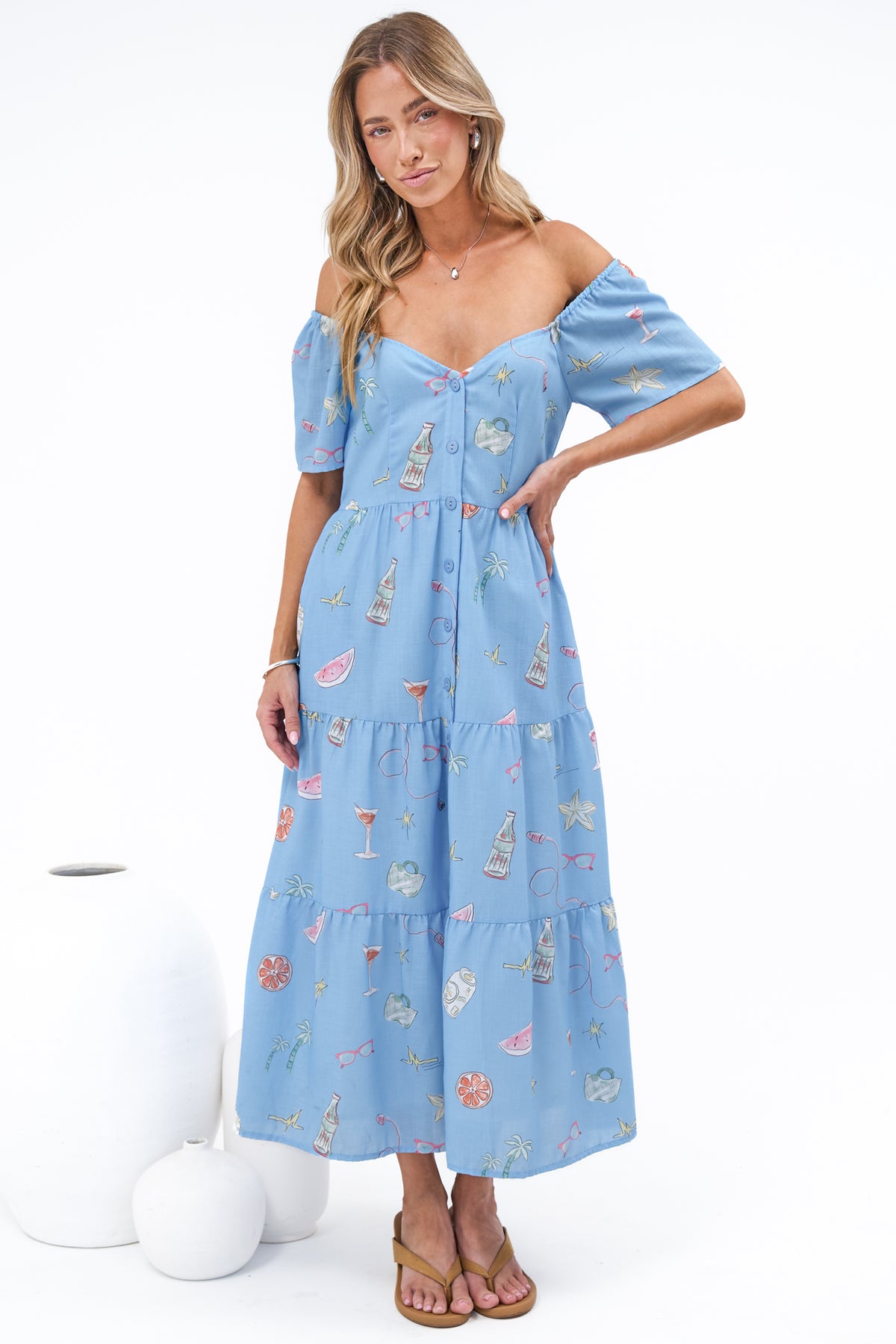 Billie Midi Dress - On or Off Shoulder Button Down Dress with Pockets in La Mer Print