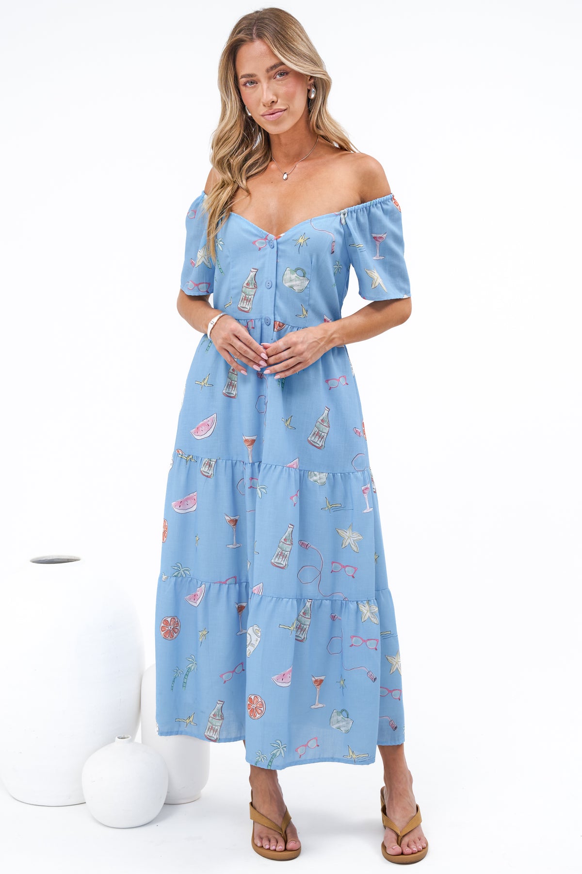 Billie Midi Dress - On or Off Shoulder Button Down Dress with Pockets in La Mer Print