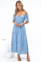 Billie Midi Dress - On or Off Shoulder Button Down Dress with Pockets in La Mer Print
