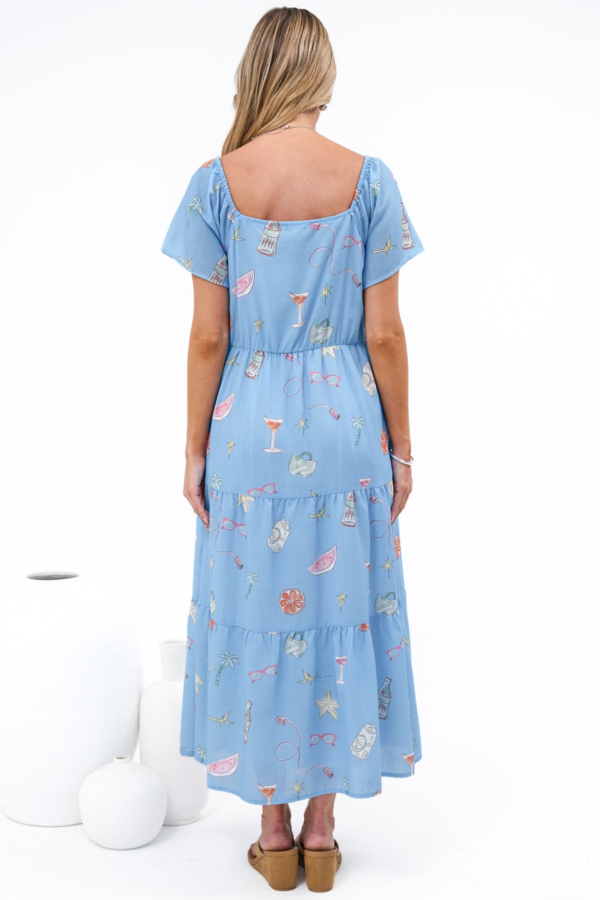 Billie Midi Dress - On or Off Shoulder Button Down Dress with Pockets in La Mer Print