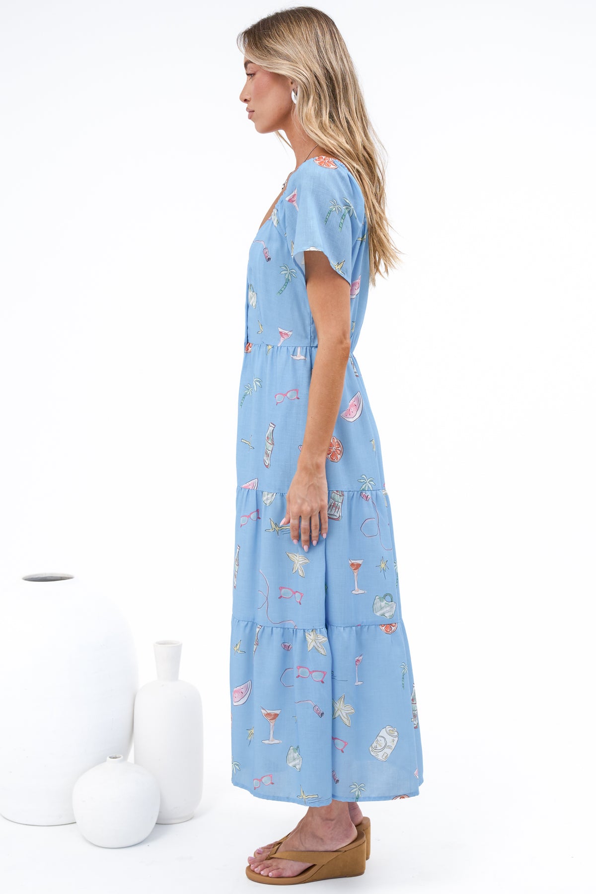 Billie Midi Dress - On or Off Shoulder Button Down Dress with Pockets in La Mer Print