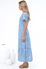 Billie Midi Dress - On or Off Shoulder Button Down Dress with Pockets in La Mer Print