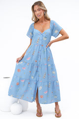 Billie Midi Dress - On or Off Shoulder Button Down Dress with Pockets in La Mer Print