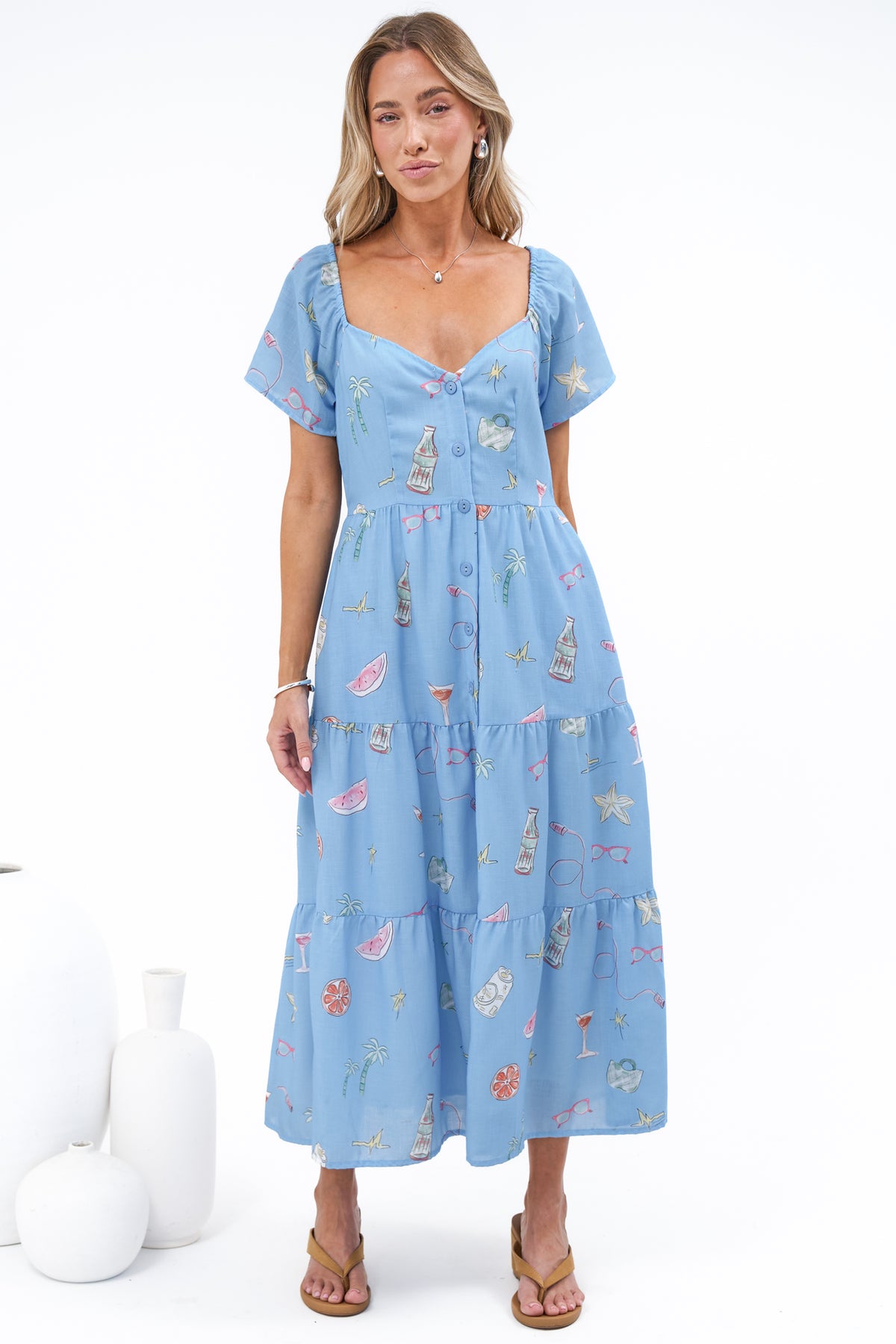 Billie Midi Dress - On or Off Shoulder Button Down Dress with Pockets in La Mer Print