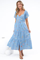 Billie Midi Dress - On or Off Shoulder Button Down Dress with Pockets in La Mer Print