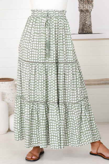 Billy Maxi Skirt - Tiered Crochet Insert Skirt in Maryanne Print Green