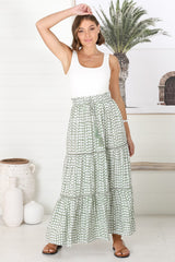 Billy Maxi Skirt - Tiered Crochet Insert Skirt in Maryanne Print Green