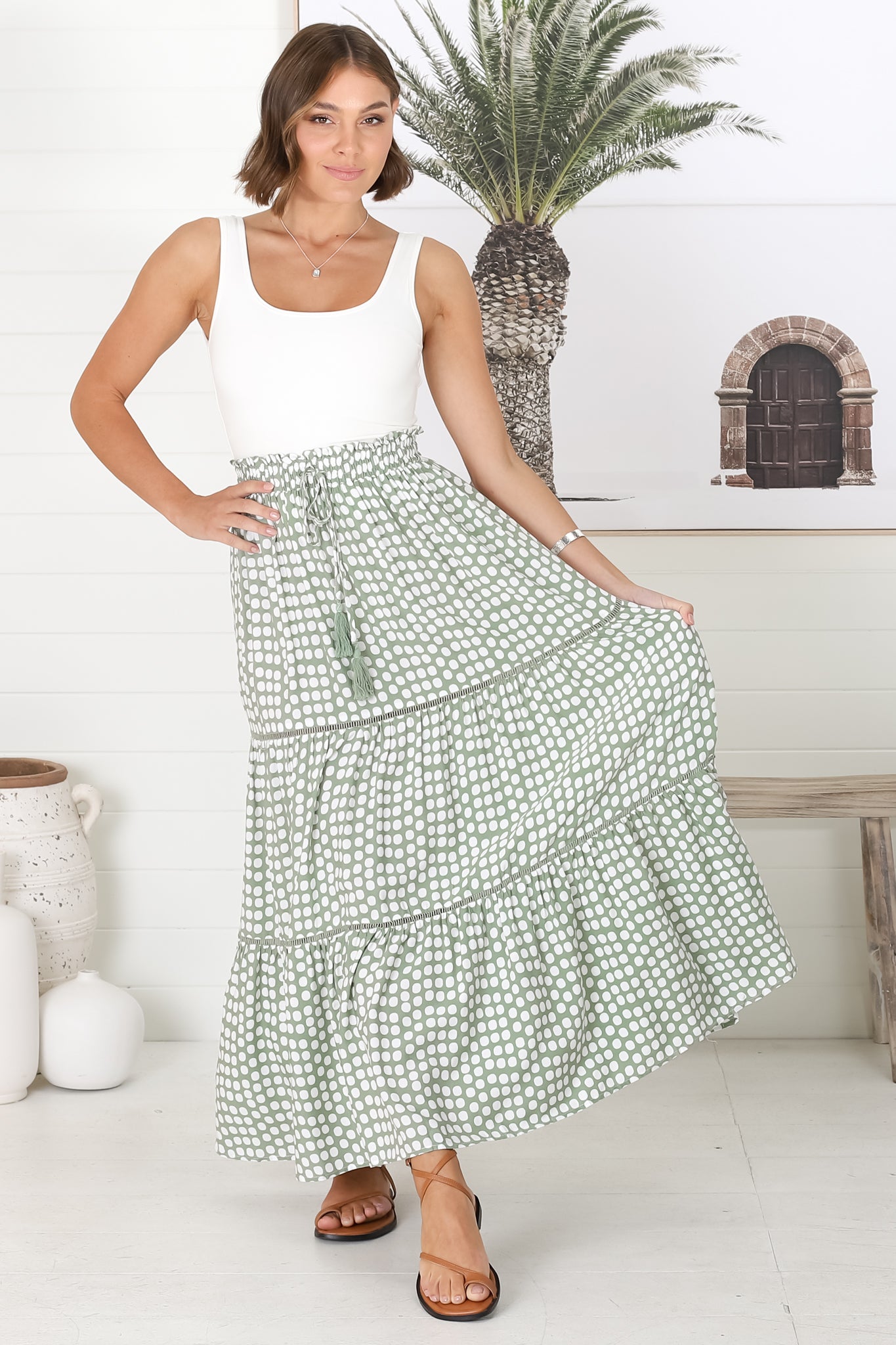 Billy Maxi Skirt - Tiered Crochet Insert Skirt in Maryanne Print Green