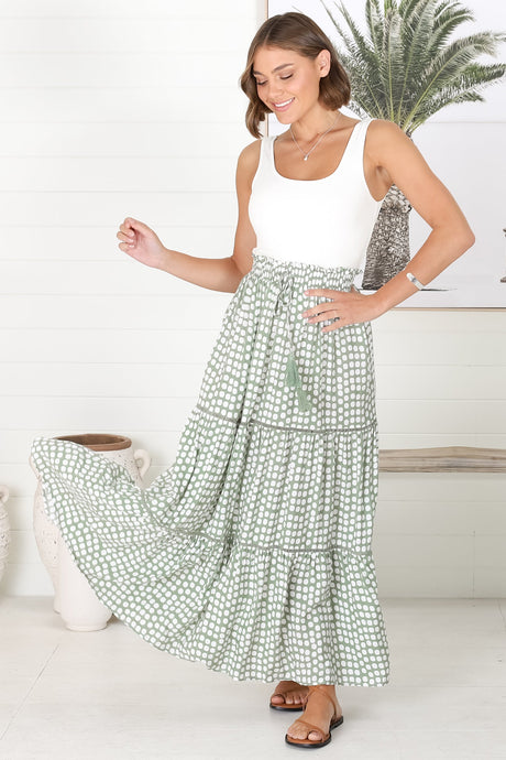 Billy Maxi Skirt - Tiered Crochet Insert Skirt in Maryanne Print Green