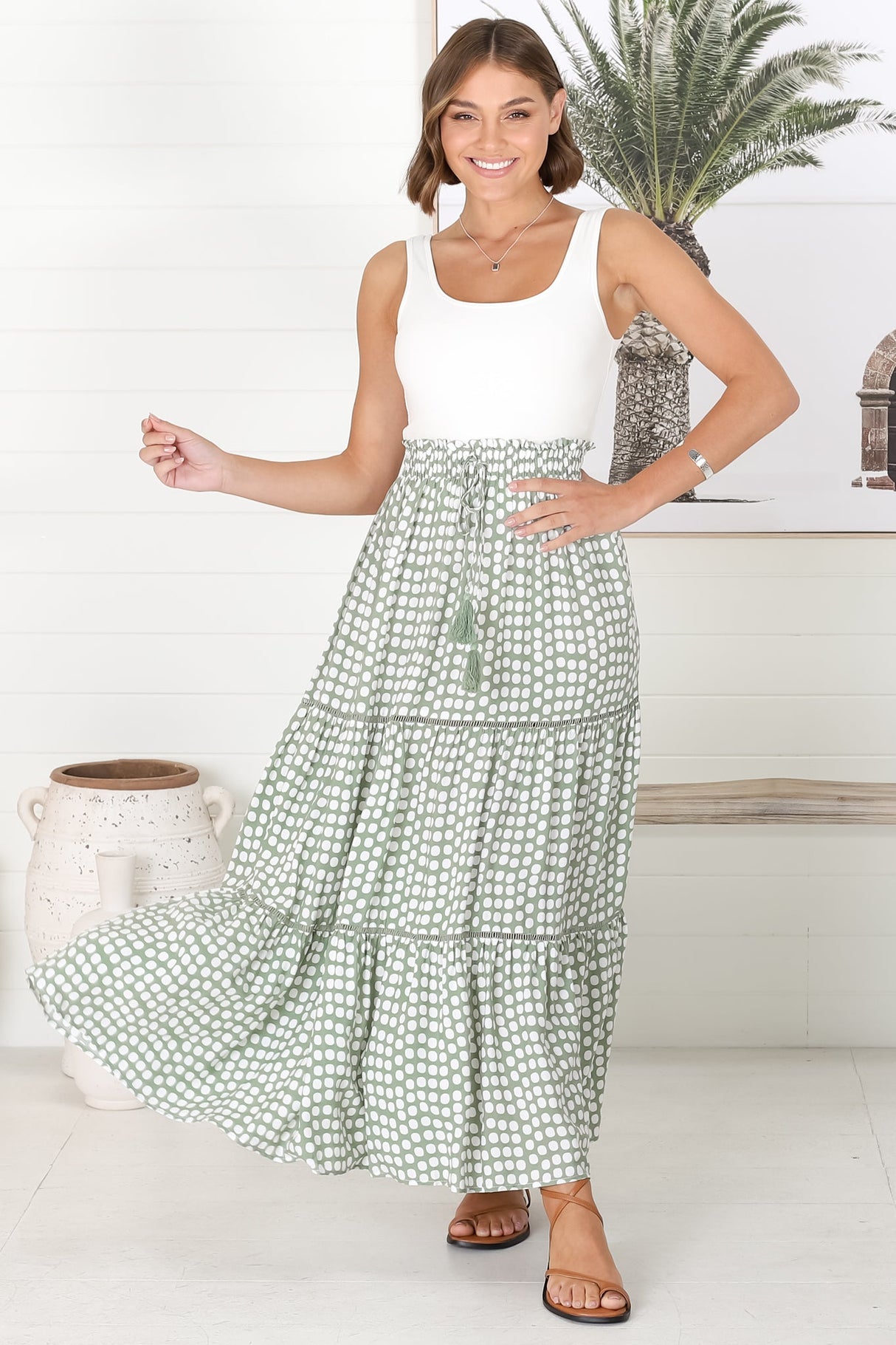 Billy Maxi Skirt - Tiered Crochet Insert Skirt in Maryanne Print Green