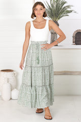 Billy Maxi Skirt - Tiered Crochet Insert Skirt in Maryanne Print Green