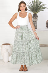 Billy Maxi Skirt - Tiered Crochet Insert Skirt in Maryanne Print Green