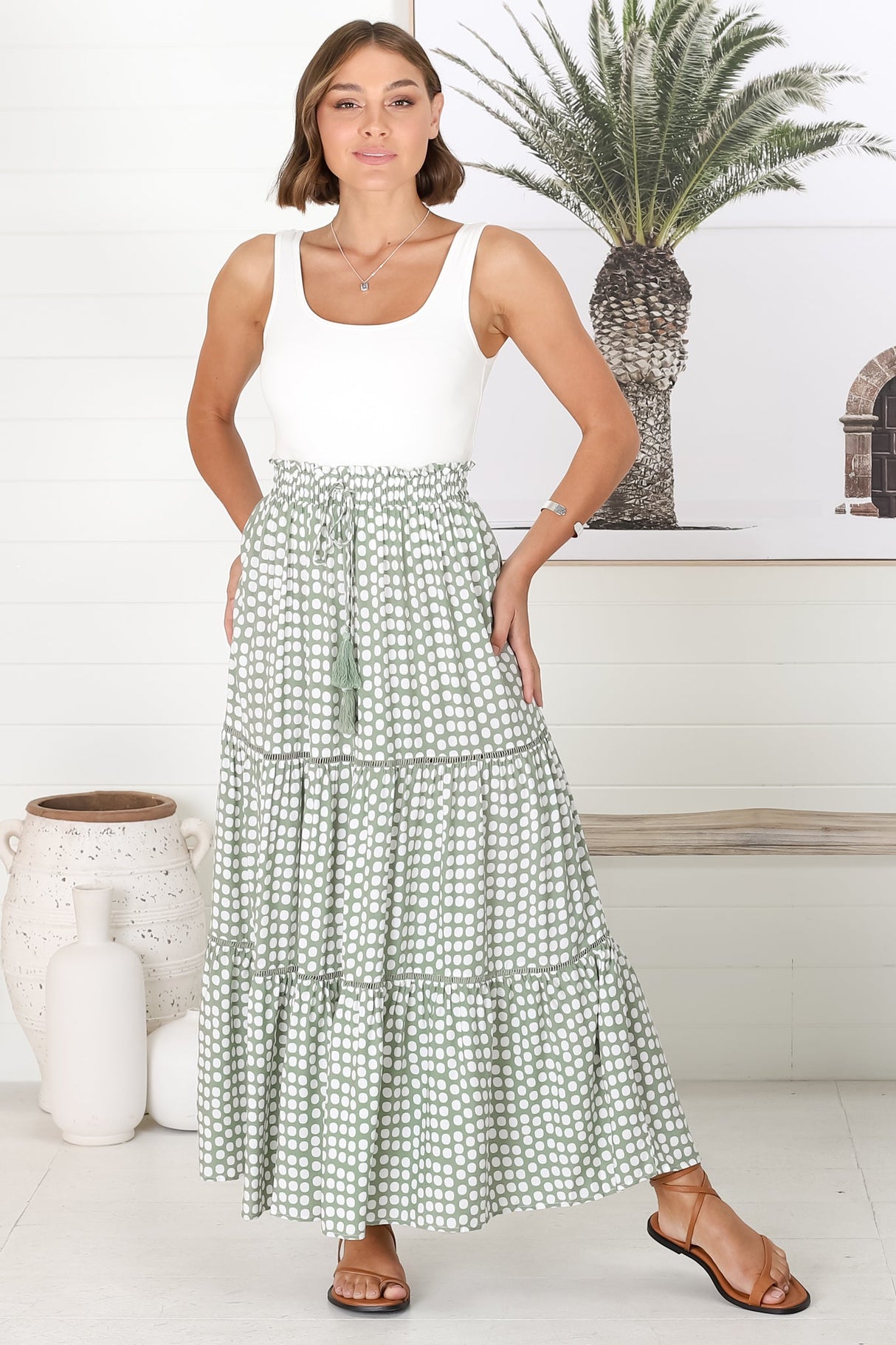 Billy Maxi Skirt - Tiered Crochet Insert Skirt in Maryanne Print Green