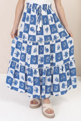 Billy Maxi Skirt - Tiered Crochet Insert Skirt in Flux Print Blue