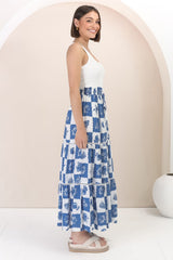 Billy Maxi Skirt - Tiered Crochet Insert Skirt in Flux Print Blue