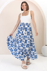 Billy Maxi Skirt - Tiered Crochet Insert Skirt in Flux Print Blue