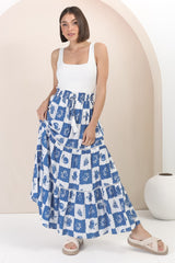 Billy Maxi Skirt - Tiered Crochet Insert Skirt in Flux Print Blue