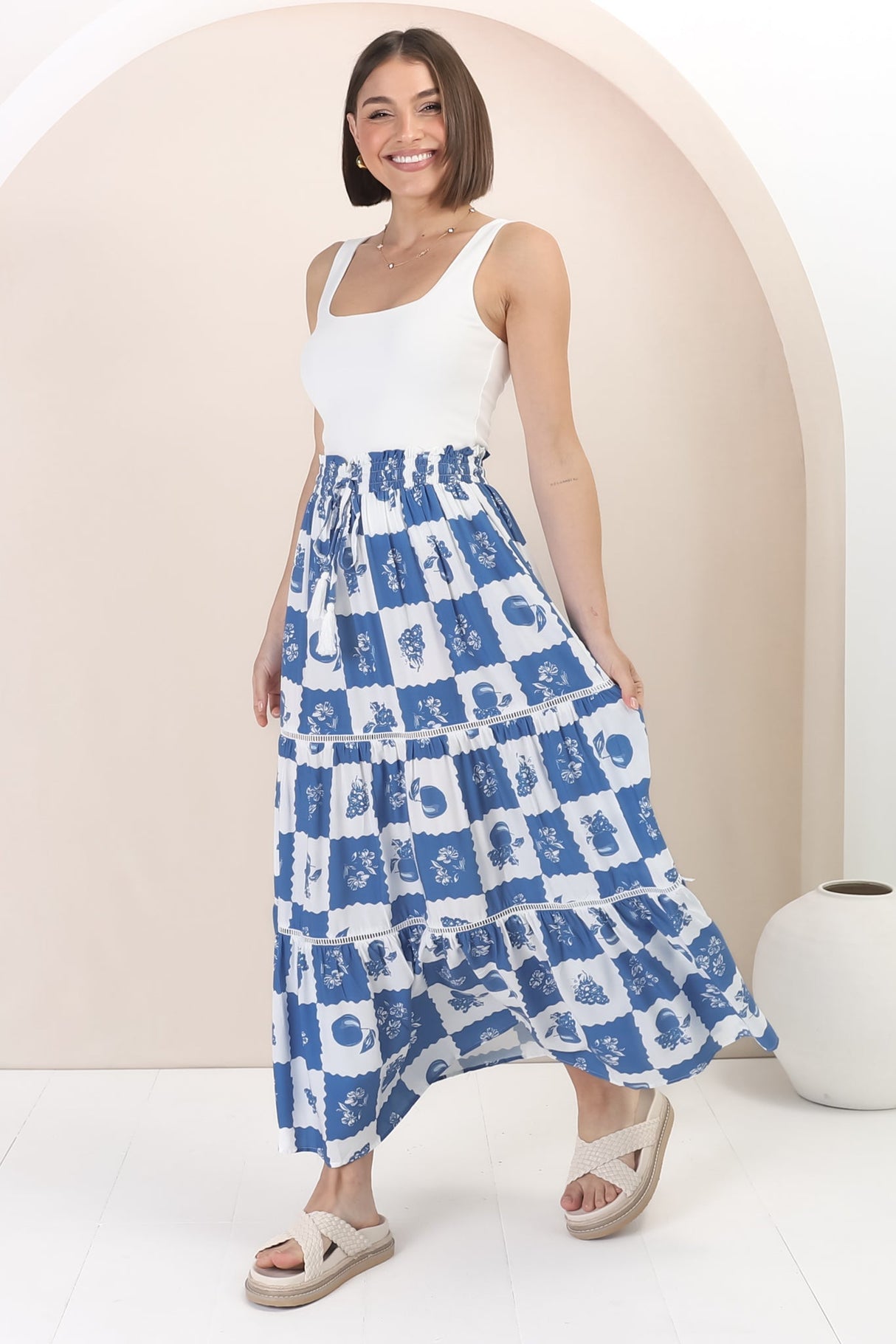 Billy Maxi Skirt - Tiered Crochet Insert Skirt in Flux Print Blue