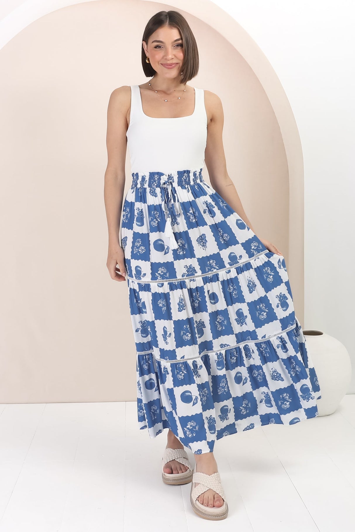 Billy Maxi Skirt - Tiered Crochet Insert Skirt in Flux Print Blue