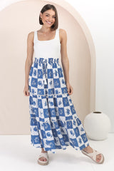 Billy Maxi Skirt - Tiered Crochet Insert Skirt in Flux Print Blue