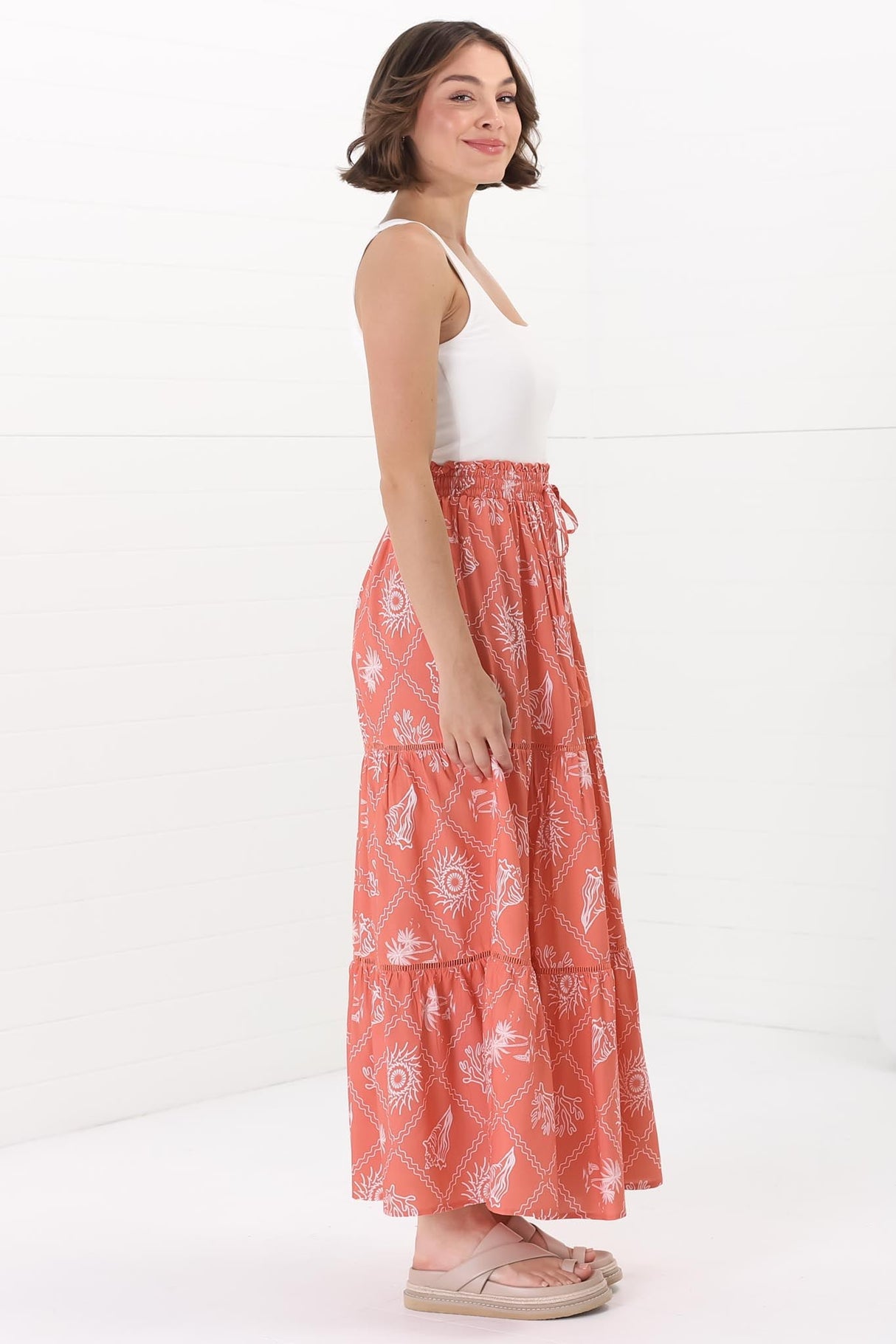 Billy Maxi Skirt - Tiered Crochet Insert Skirt in Kalah Print Orange