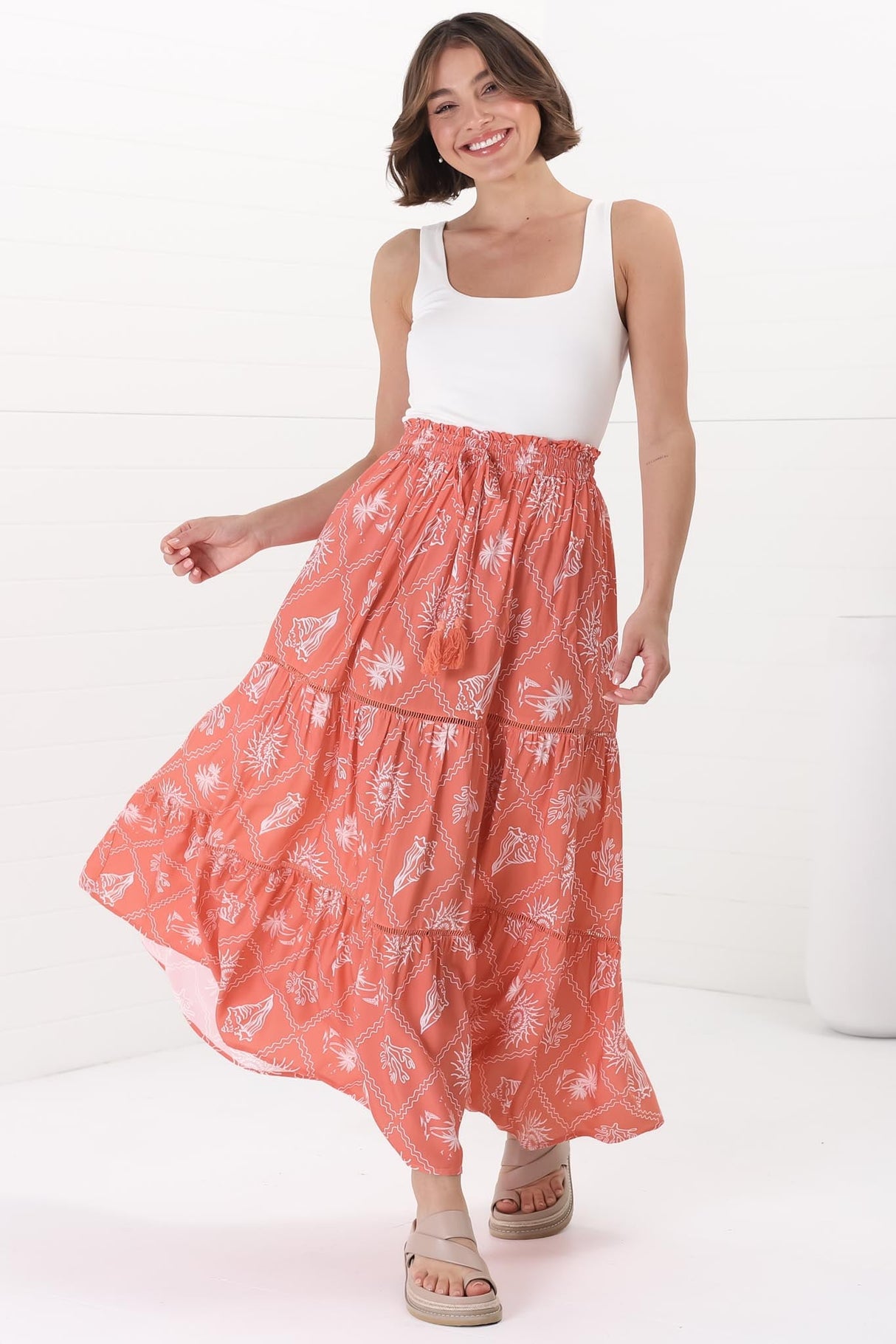 Billy Maxi Skirt - Tiered Crochet Insert Skirt in Kalah Print Orange