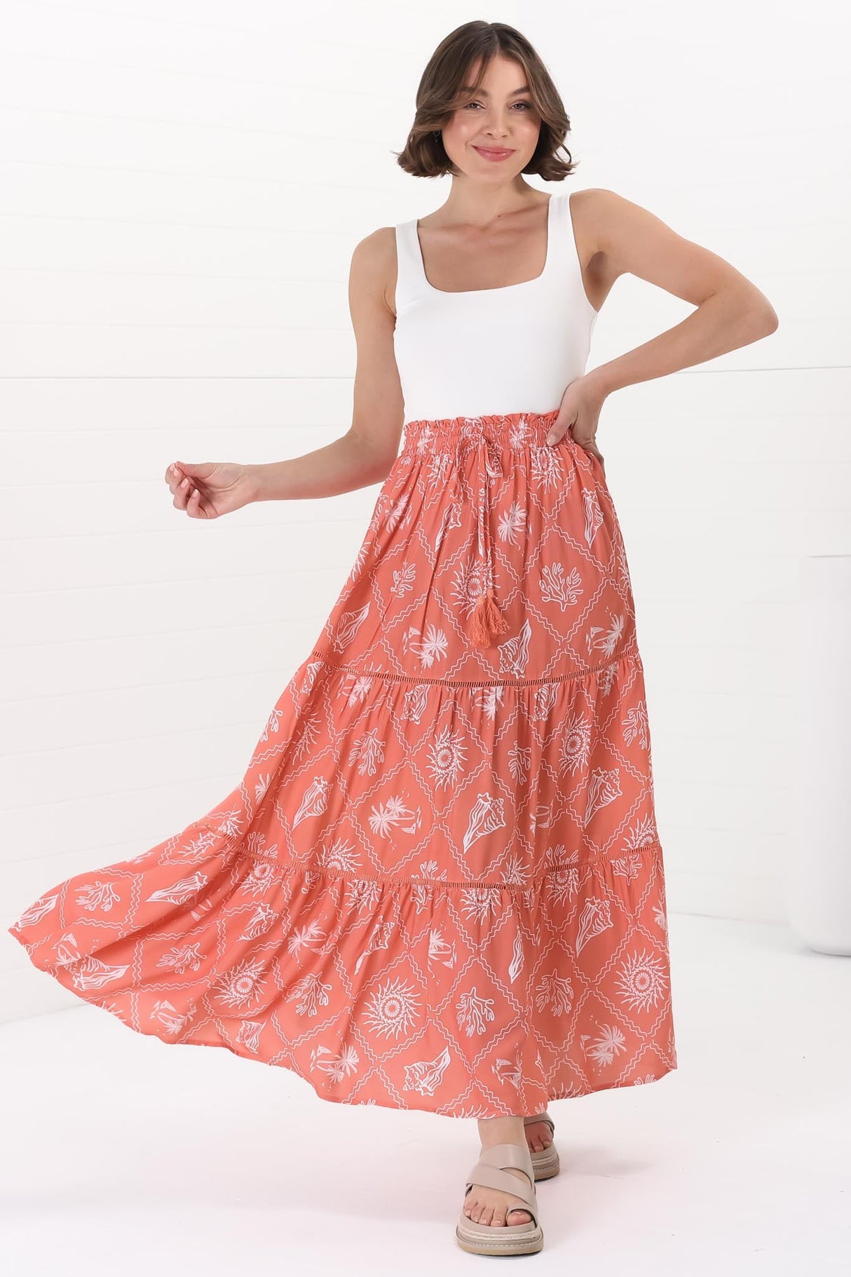 Billy Maxi Skirt - Tiered Crochet Insert Skirt in Kalah Print Orange