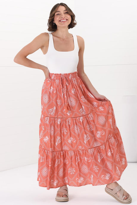 Billy Maxi Skirt - Tiered Crochet Insert Skirt in Kalah Print Orange